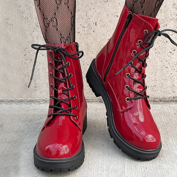 New True Red Lace-Up Military Combat Moto Ankle Boot Booties Block Heel Platform - Picture 1 of 3